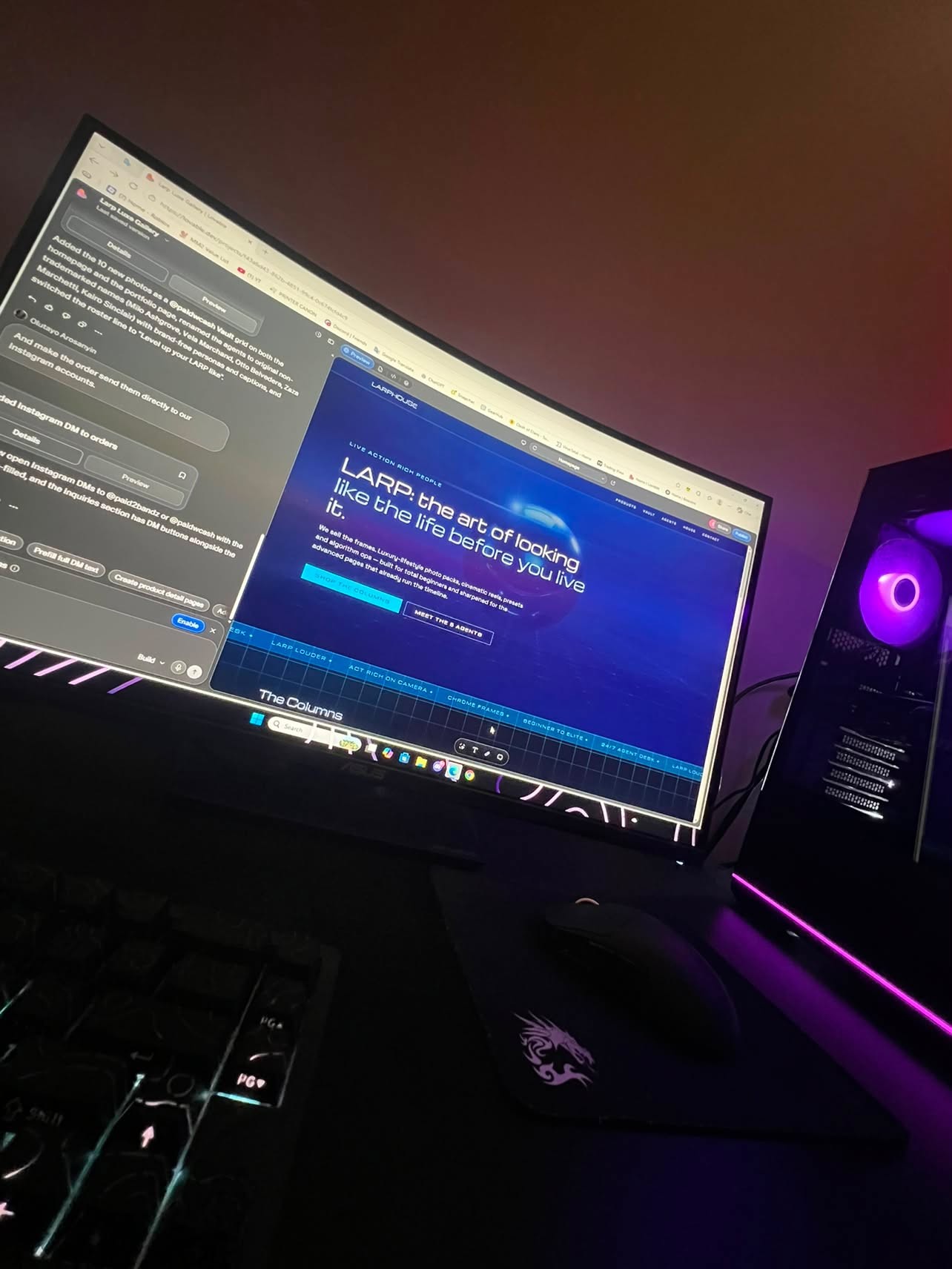Night desk setup with RGB-lit tower, curved monitor and gaming keyboard